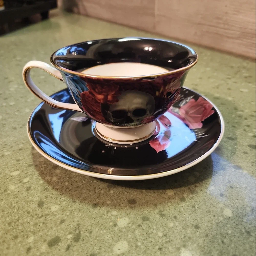 Grace Teaware Porcelain Tea Cup & Saucer Floral Skull Gothic Spooky Halloween